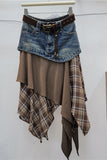 Plaid Asymmetrical Denim Waist Midi Skirt