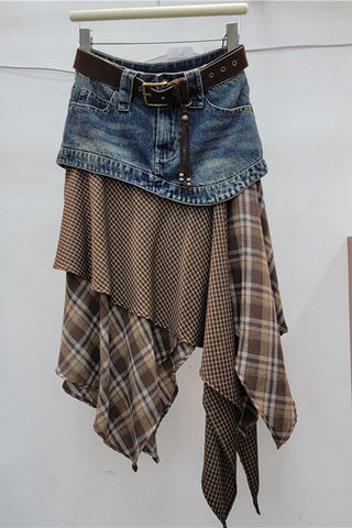 Plaid Asymmetrical Denim Waist Midi Skirt