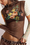 Sheer Mesh Floral Patchwork Mock Neck Top