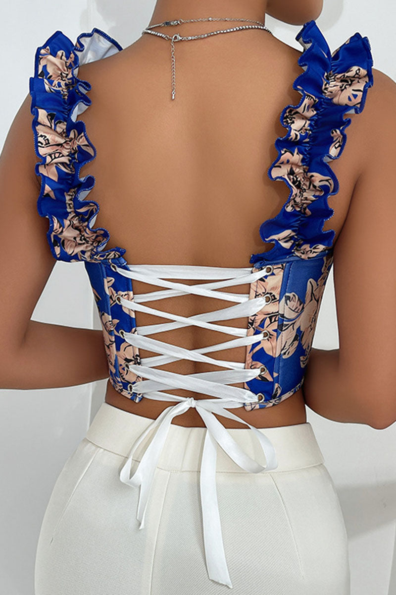Ruffle Strap Floral Corset Tank Top
