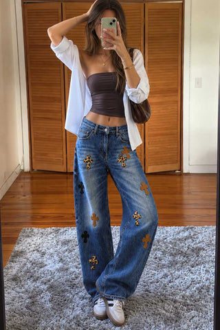 Cross Patch Wide-Leg Baggy Jeans