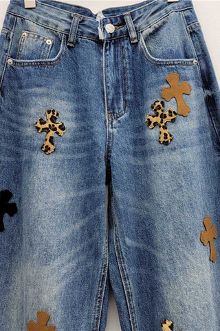Cross Patch Wide-Leg Baggy Jeans
