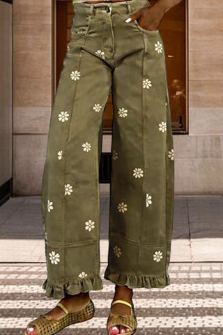 Daisy Print Ruffle Hem Wide Leg Pants