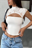 Lace Cutout Mock Neck Crop Top