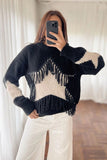 Fringe Colorblock Mock Neck Sweater
