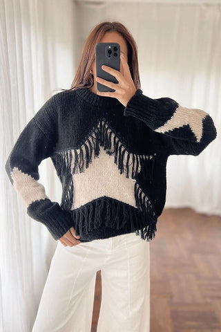 Fringe Colorblock Mock Neck Sweater