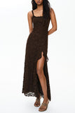 Ruched Square Neck Lace Maxi Dress