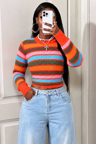 Striped Ribbed Knit Crew Neck Crop Sweater