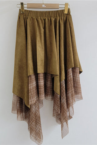 Plaid Mesh Overlay Asymmetrical Midi Skirt