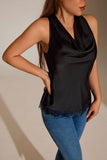 Satin Cowl Neck Lace Hem Tank