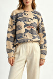 Fish Print Crew Neck Knit Sweater
