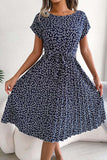 Belted Floral Pleated Casual Dress