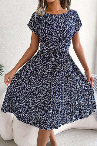 Belted Floral Pleated Casual Dress