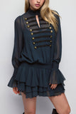 Military Button Bell Sleeve Tiered Skirt Set
