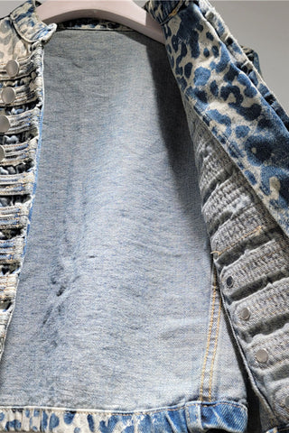 Leopard Print Military Button Denim Jacket