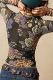 Sheer Floral Mock Neck Long Sleeve Top