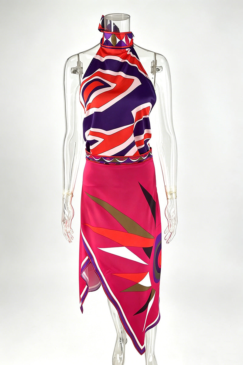 Abstract Geometric Halter Skirt Set