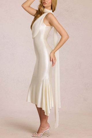 One-Shoulder Tie Neck Satin Midi Dress