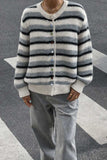 Striped Button Detail Crew Neck Knit Cardigan