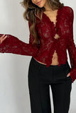 Sheer Floral Lace Ruffle V-Neck Blouse