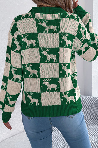 Reindeer Checkered Crew Neck Knit Sweater