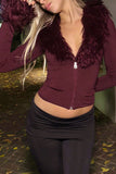 Fuzzy Trim Zip-Front Long Sleeve Top