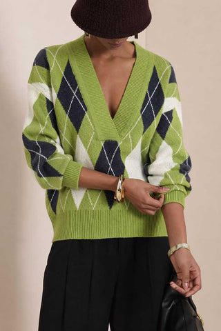 Argyle Knit V-Neck Sweater