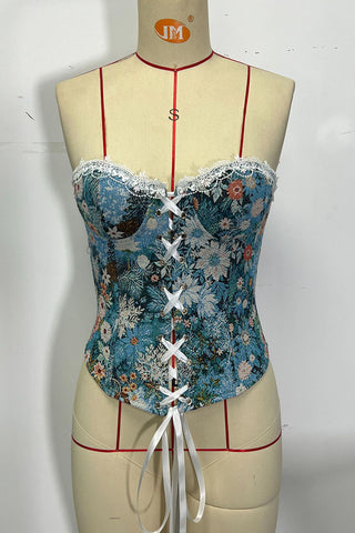 Floral Lace-Up Sweetheart Corset Top
