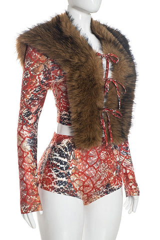 Faux Fur Snake Print Tie Front Top