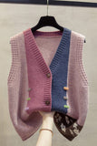 Color-Block Knit Button-Front V-Neck Vest