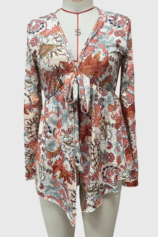 Floral V-Neck Tie Front Bell Sleeve Blouse