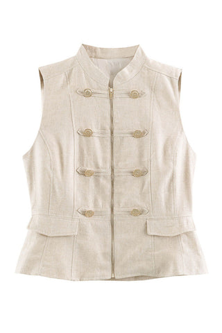 Military Button Zip Front Sleeveless Tank