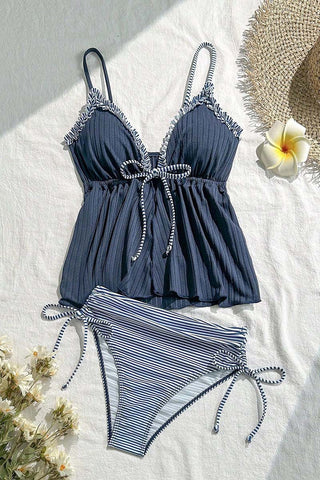 Striped Ruffled Tankini Set