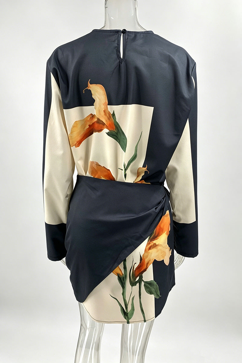Floral Panel Long Sleeve Wrap Mini Dress