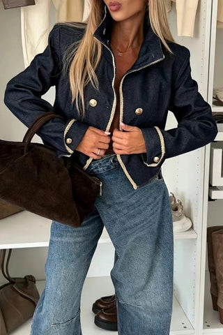 Contrast Trim Mock Neck Double-Breasted Jacket