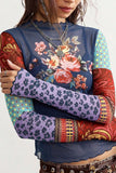Sheer Mesh Floral Patchwork Mock Neck Top