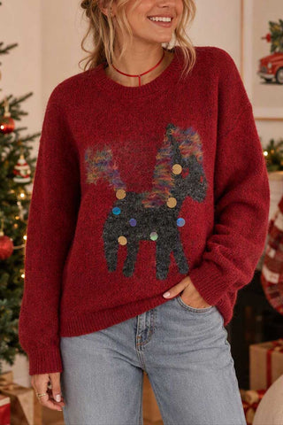 Sequin Animal Motif Crew Neck Sweater