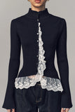 Ribbed Mock Neck Lace Trim Blouse