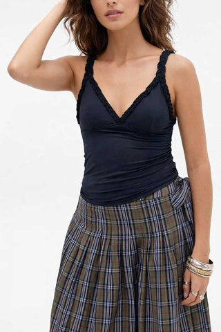 Ruched Ruffle Trim V-Neck Tank Top