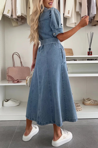 Belted Button-Front Denim Dress