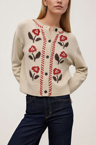 Floral Intarsia Knit Button-Front Cardigan