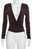 Deep V-Neck Ruched Front Long Sleeve Blouse