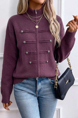 Zip-Front Mock Neck Knit Cardigan