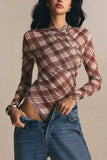 Sheer Plaid Mock Neck Long Sleeve Bodysuit