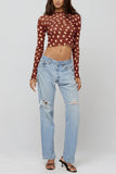 Sheer Polka Dot Mock Neck Crop Top