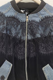 Lace Panel Velvet Zip-Up Denim Jacket