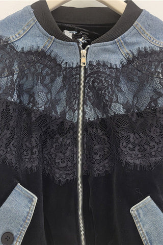 Lace Panel Velvet Zip-Up Denim Jacket