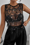 Sheer Sequin Fringe Crew Neck Tank