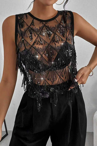 Sheer Sequin Fringe Crew Neck Tank