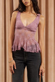 Sheer Floral Lace V-Neck Ruffle Tank